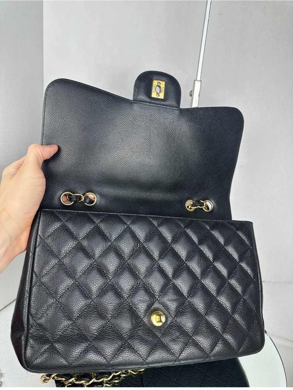 Chanel Jumbo Black Quilted Caviar Single Flap Shoulder Bag